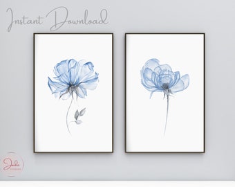 Set of 2 Floral Prints, Blue Translucent Flowers, Botanical Prints, Printable Wall Art, Farmhouse Decor, Modern Home Decor Art