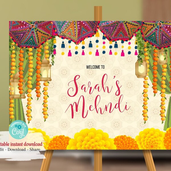 Colorful Mehndi Umbrella Sign, Customisable Indian Dholki Digital Download Design Wedding Poster, Haldi Pakistani Printable Mehendi Template