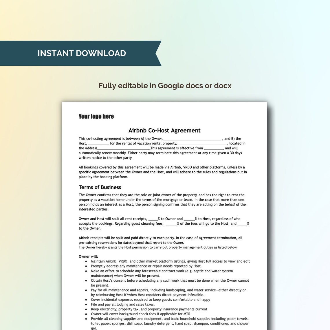 Airbnb Co host Contract Agreement Airbnb Co host Template Airbnb Cohost