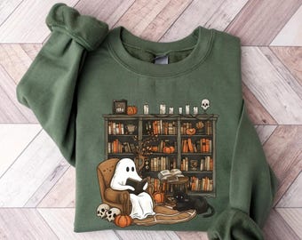 Retro Ghost Reading Books Sweatshirt, Cat, Halloween Shirt, Spooky Librarian Ghost Halloween, Halloween Teacher, Teacher Gift, Boo School