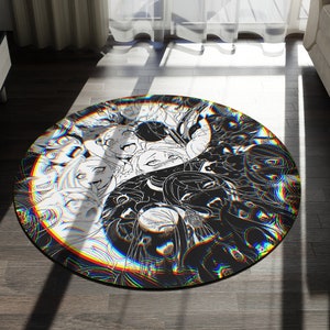 Anime Round Rug, 3D Yin Yang Ahegao Girls, Otaku Dorm Rug, Gameroom Anime Carpet, 5 Foot Diameter Rug For Anime Lover