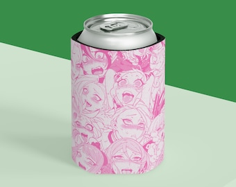 Pink Ahegao Can Cooler, Anime Beer Coozie, Foam Can Holder, Soft Can Insulators