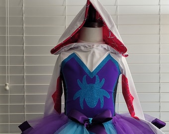 Disfraz de Spider-Man para niña, inspirado en Spider-Gwen, morado y azul, para Halloween.