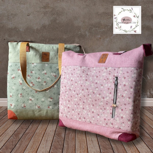 Shopper Tasche, Shopper Damen, praktische Tragetasche Stoff mit Blumen, Stofftasche mit Reißverschluss, Leinen- Baumwolltasche, Henkeltasche