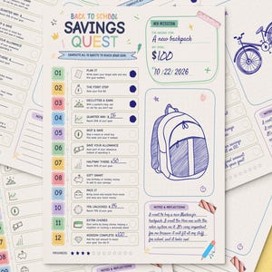 Może przedstawiać: Arkusz do druku Back to School Savings Quest z numerowaną listą dwunastu celów finansowych, sekcją na szczegóły misji, w tym cel 100 dolarów na nowy plecak, oraz odręcznym rysunkiem plecaka i roweru.