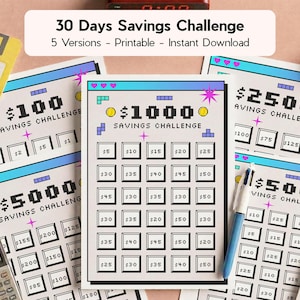 May include: A collection of printable savings challenges with a retro video game aesthetic. The designs include challenges for $100, $500, $1000, $2500, and $5000. Each challenge features a grid to track savings progress.
