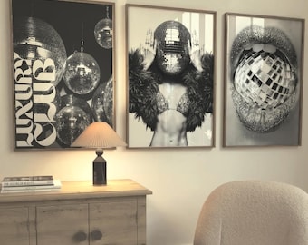 Disco Wall Art Set of 3 - Retro Glam Digital Prints, Disco Head Woman, Luxury Club Aesthetic, Funky 70s Party Decor, Instant Download Art