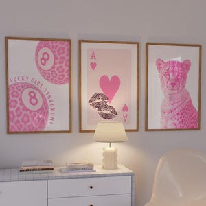 Lucky Girl Wall Art Set of 3 - Dorm Wall Decor, Retro Cheetah Art Print, Trendy Girly Prints, Funky Pink Aesthetic Prints, Digital Download
