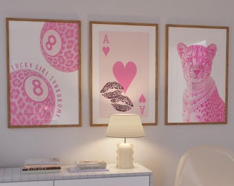 Lucky Girl Wall Art Set of 3 - Dorm Wall Decor, Retro Cheetah Art Print, Trendy Girly Prints, Funky Pink Aesthetic Prints, Digital Download