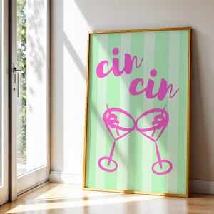 Cin Cin Print トレンディなマルガリータポスター 乾杯 ウォールアート ピンク＆グリーン アルコールポスター レトロカクテルアートプリント