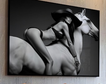 Woman on Horse Print: Vintage Black & White Western Art (Digital Download)