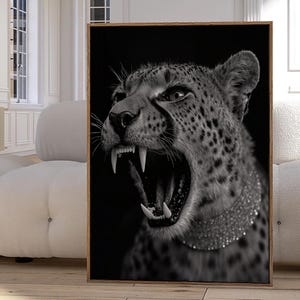 Impressão de chita de luxo, fotografia em preto e branco, pôster de moda de gato selvagem, decoração de quarto chique e glam, impressão digital Hypebeast