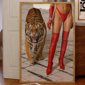 High Fashion Print, Luxury Wall Art, Fashion Model & Panther Poster, Hypebeast Aesthetic, Modern Chic Art, Vogue Magazine Print, Red Boots