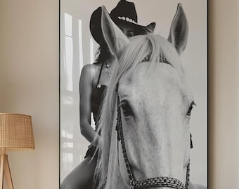 Horse & Cowgirl Print – Black and White Chic Western Wall Art, Digital Download