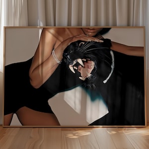 Black Panther & Fashion Model Print Elegant Fashion Wildlife Wall Decor Vintage Animal Photography Luxury Panther Digital Art Print