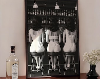 Bar Cart Art Print, Modern Chic Decor, Vintage Bar Poster, Girls Night Out Wall Art, Black & White, 70s Aesthetic, Digital Download