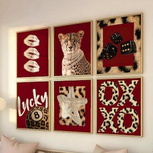 Red Set of 3 Leopard Wall Art Coquette Cheetah Kiss Print 8 Ball Lucky Trendy Animal Print Poster Girly Preppy Home Decor Digital Download