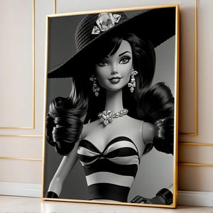 Retro Doll Poster, Girly Wall Art, Chic Modern Decor, Black & White Sunhat Photo, Fashion Doll Print, Preppy Girl Room Decor, Digital Print