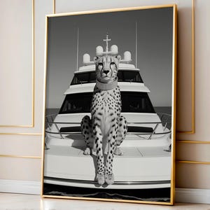 Gepard auf Yacht Print, Schwarz & Weiß Poster, Luxus Fashion Print, Vintage Fotografie Digital Print