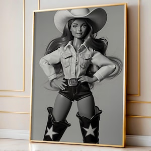 Cowgirl Doll Print, Country Girl Wall Art, Black & White Western Poster, Retro Doll Digital Print