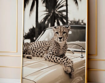 Luxury Cheetah Poster, Vintage Car Photography, Cheetah Fashion Wall Art, Modern Chic Decor, Retro Palm Springs Aesthetic, Digital Print