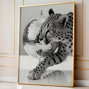 Impression de luxe guépard photographie noir et blanc boule disco art mural chat sauvage mode affiche impression numérique animal vintage