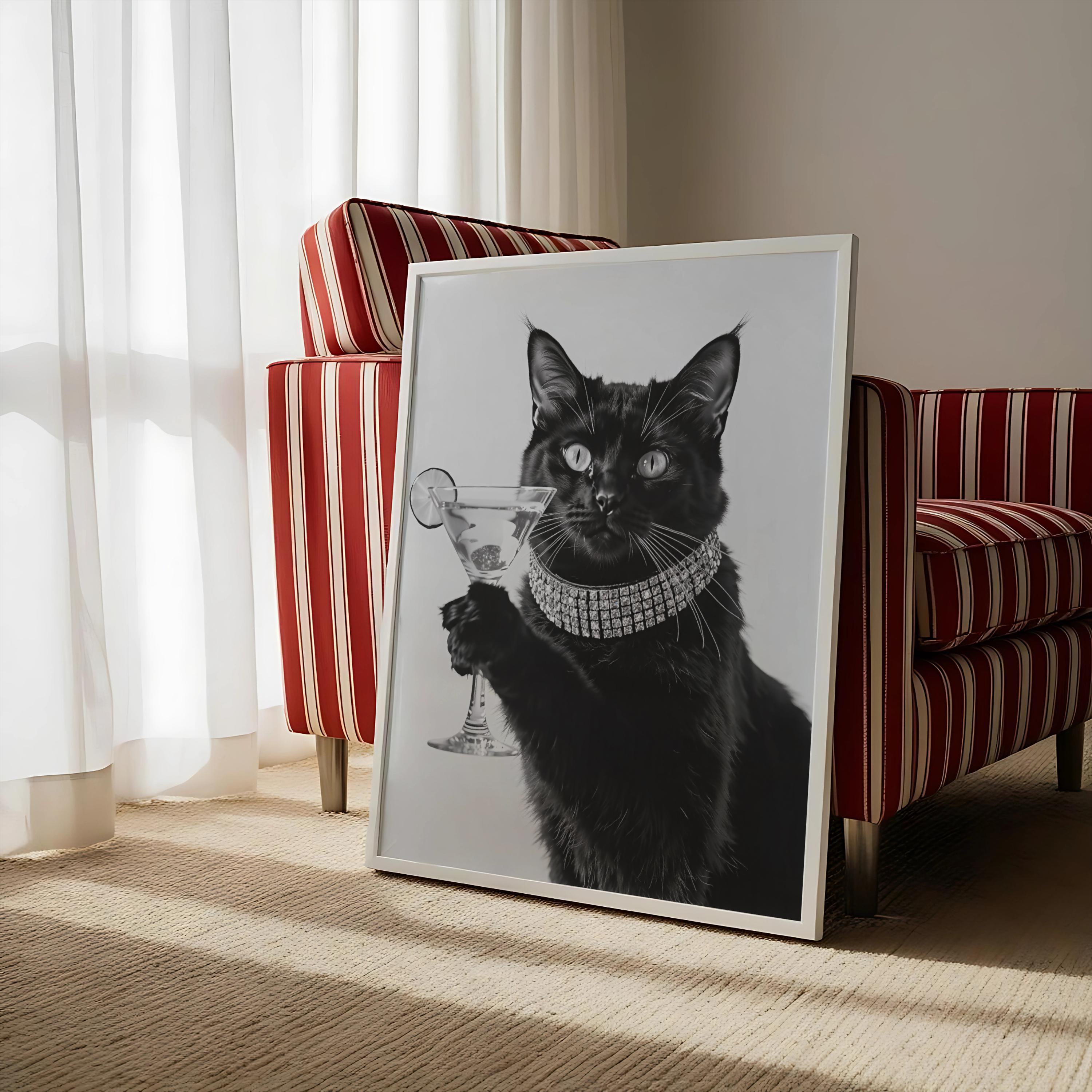 Black Cat Martini Print: Vintage Cocktail Bar Cart Art (digital ...