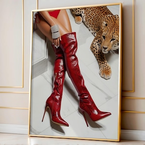 Trendy Red Boots Print, Retro Leopard Poster, Modern Chic Art, Femme Fatale Poster, Girly Decor, Luxurious Wall Art, Fashion Digital Print