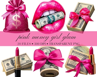 Pink Money Girl Glam Clipart - Chic Girly Graphics Bundle, Lipstick & Money, 20 High Quality Transparent PNGs, Commercial Use Digital Files