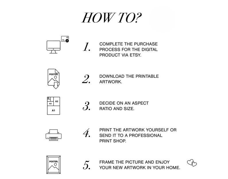 May include: A black and white illustration showing five steps on how to download, print, and frame a digital printable artwork. The steps are numbered 1 through 5.  The text reads: "HOW TO? 1. COMPLETE THE PURCHASE PROCESS FOR THE DIGITAL PRODUCT VIA ETSY. 2. DOWNLOAD THE PRINTABLE ARTWORK. 3. DECIDE ON AN ASPECT RATIO AND SIZE. 4. PRINT THE ARTWORK YOURSELF OR SEND IT TO A PROFESSIONAL PRINT SHOP. 5. FRAME THE PICTURE AND ENJOY YOUR NEW ARTWORK IN YOUR HOME."