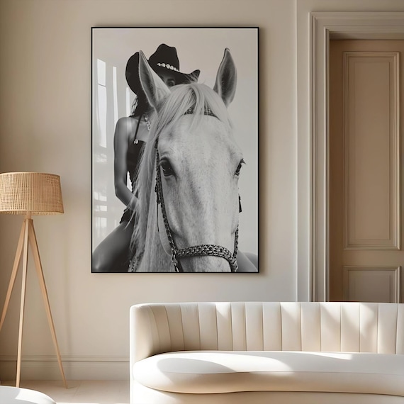 Horse & Cowgirl Print – Black and White Chic Western Wall Art, Digital Download
