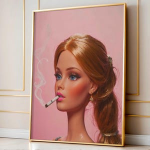 Affiche de poupée rose rétro : oeuvre d'art murale Baddie Girl, impression de mode pour une décoration de chambre glamour, téléchargement numérique tendance