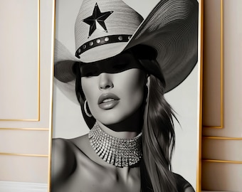 Retro Cowgirl Print – Black & White Chic Western Poster, Digital Download