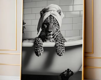 Leopard in Bathtub Print Luxury Bathroom Wall Art Black & White Photography Maximalist Bathroom Poster Trendy Spa Digital Print