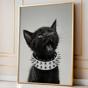 Black Cat-print, kitten brullende poster, zwart-witfotografie, luxe mode digitale print