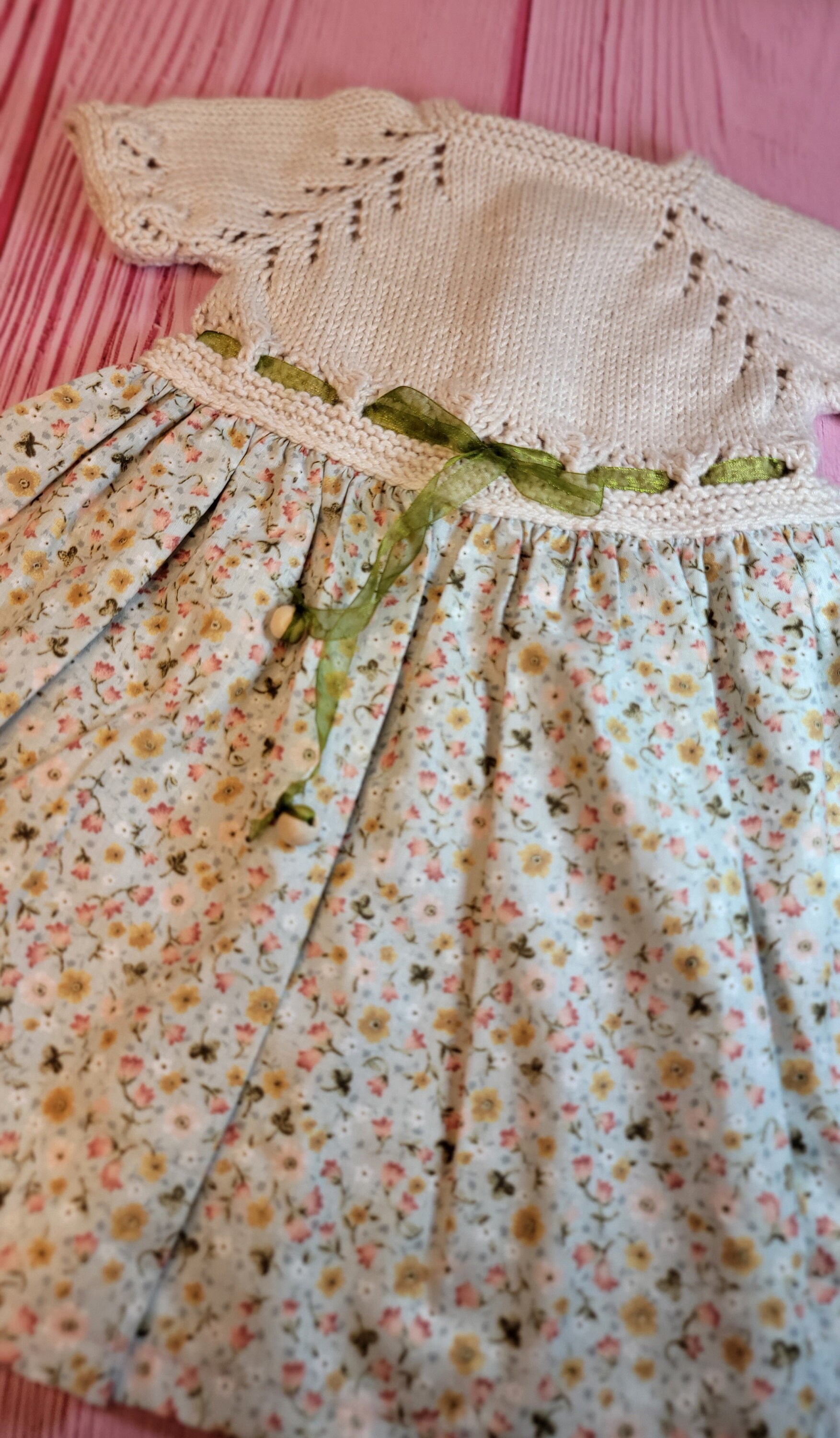 Handmade Beige Baby Dress With Floral Skirt, Beautiful Baby Outfit