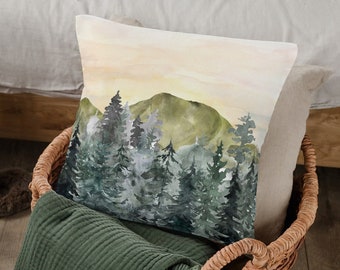 Woodland forest with green mountains watercolor pillow cover, Pine tree pillow case, Cabin decor