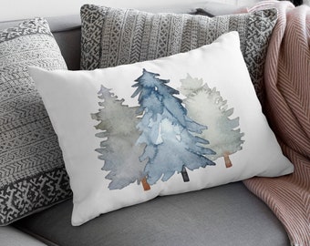Winter trees lumbar pillow, Cozy farmhouse winter decor, Watercolor blue and grey pillow