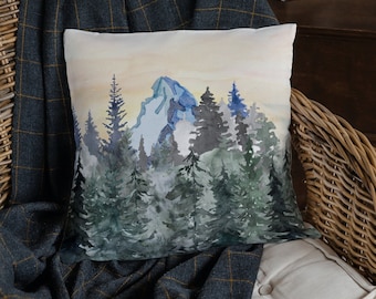 Woodland forest with blue mountain watercolor pillow cover, Pine tree pillow case, Cabin decor