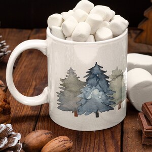 Winter trees coffee mug, winter decor, watercolor trees mug