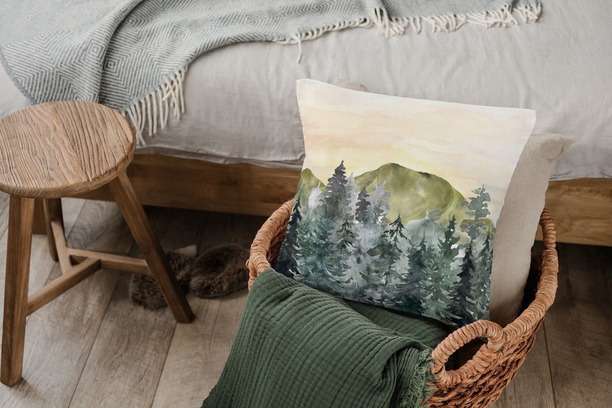Woodland forest with green mountains watercolor pillow cover, Pine tree pillow case, Cabin decor
