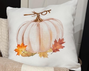 Farmhouse Fall Pillow Cover - Watercolor Pumpkin Decor - Autumn Leaves Cushion