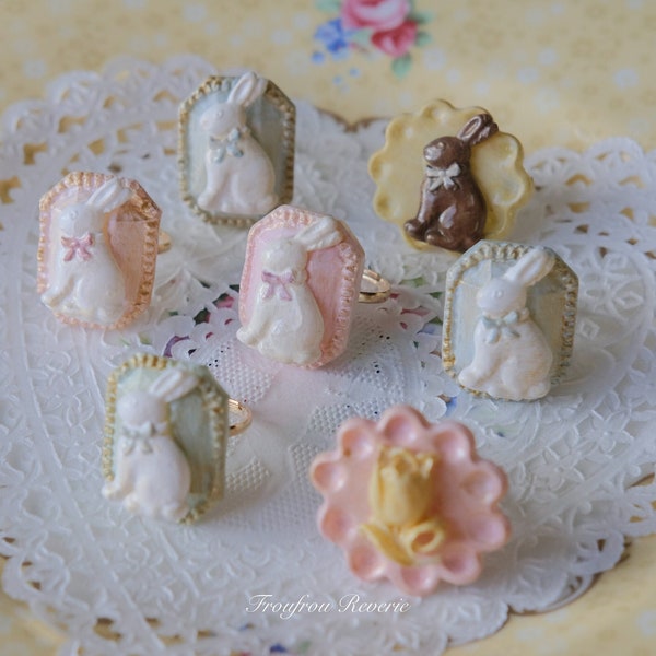 Bunny and Tulip Rings ~ Springtime Reverie ~ Rabbit Diamond, Floral Biscuit, Easter Accessory, Lolita Fashion, Kawaii Sweet Girly, Playful