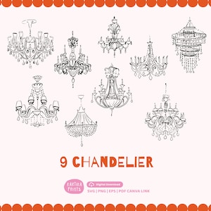 Lâmpada Lustre Desenhada à Mão Pacote de Ilustração de Cristal SVG PNG - Chandelier Clipart, Vintage Lamp Clip art SVG