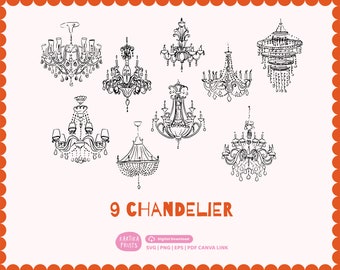 Conjunto de ilustrações de lustres desenhados à mão: clipart de luminária vintage (SVG, PNG, PDF Canva)