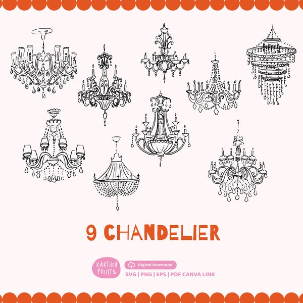 Hand Drawn Chandelier Lamp Crystal Illustration Bundle SVG PNG - Chandelier Clipart, Vintage Lamp Clip art SVG