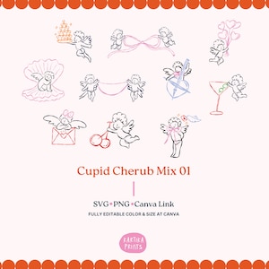 Pacote desenhado à mão contorno cupido querubim ilustração para convite de casamento SVG PNG, elementos de convite de festa, clipart de convite de casamento