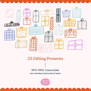 Bundle Weihnachtsgeschenk Illustration SVG PNG Bundle - Hand gezeichnet Geburtstagsgeschenk vorhanden Umriss, Zeichnung Geschenk mit Schleife Clipart