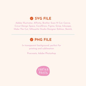 May include: A graphic with a checkmark and the text "SVG FILE" and a list of compatible software programs. Below that is a graphic with a checkmark and the text "PNG FILE" with a description of the file type and compatible software programs. The text "KARTIKA PRINTS" is at the bottom of the graphic.