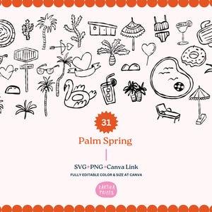 Pacote de ilustração de contorno desenhado à mão para casamento em Palm Spring SVG PNG, elementos de convite para festa, clipart de convite de casamento